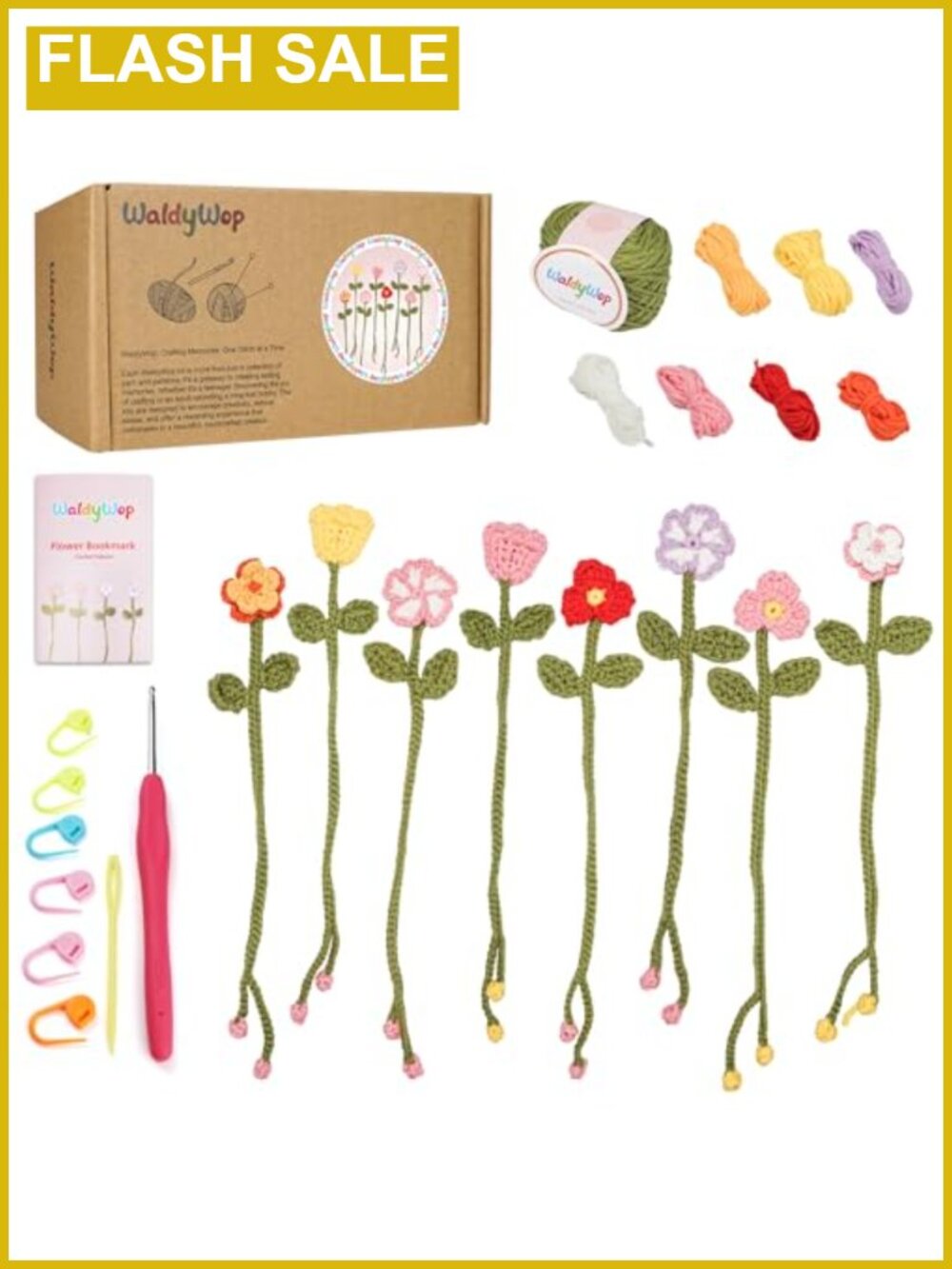 Crochet Kit for Beginners 8 Flower Bookmarks Yarn Needle Hook